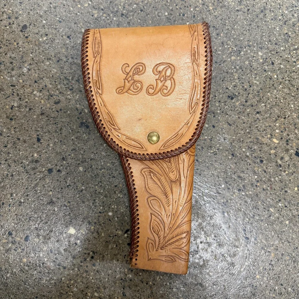Leather Field Revolver Holster Belt OWB Brown Floral Tooled Hunting LB Initials